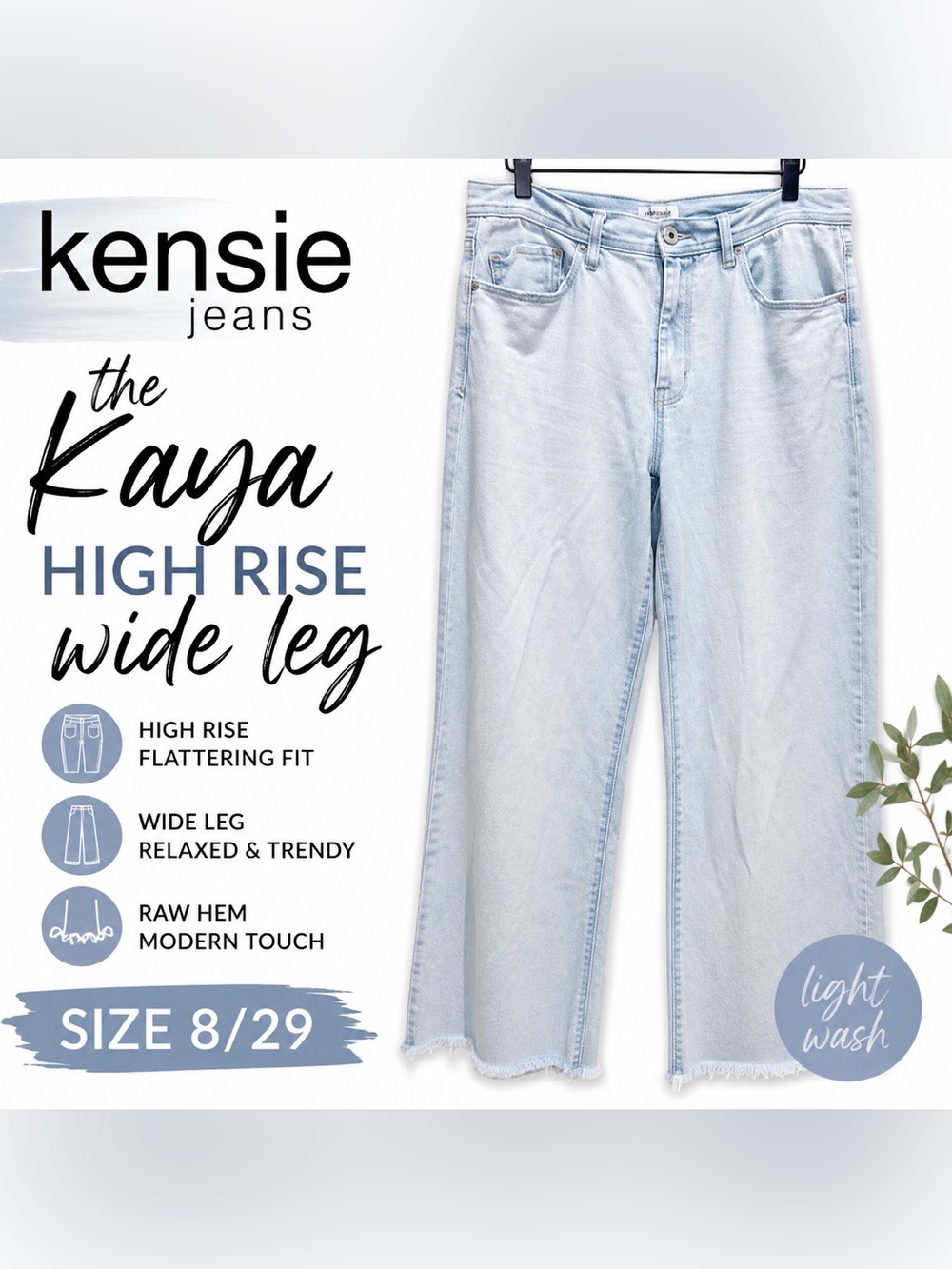 Kensie Kaya High Rise Wide Leg Jeans Light Wash Raw Hem 8/29